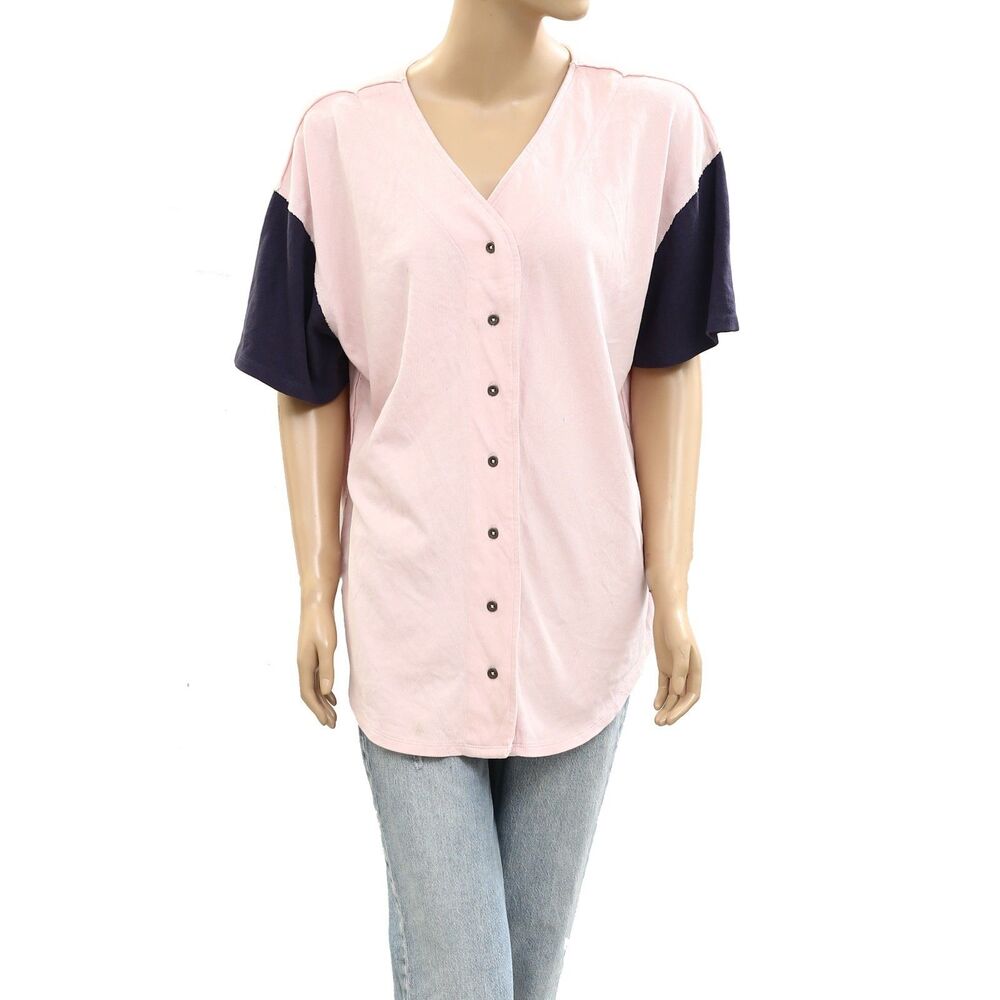 Free People We The Free Homerun Tee Shirt Top Cotton Buttondown Pink XS 284270